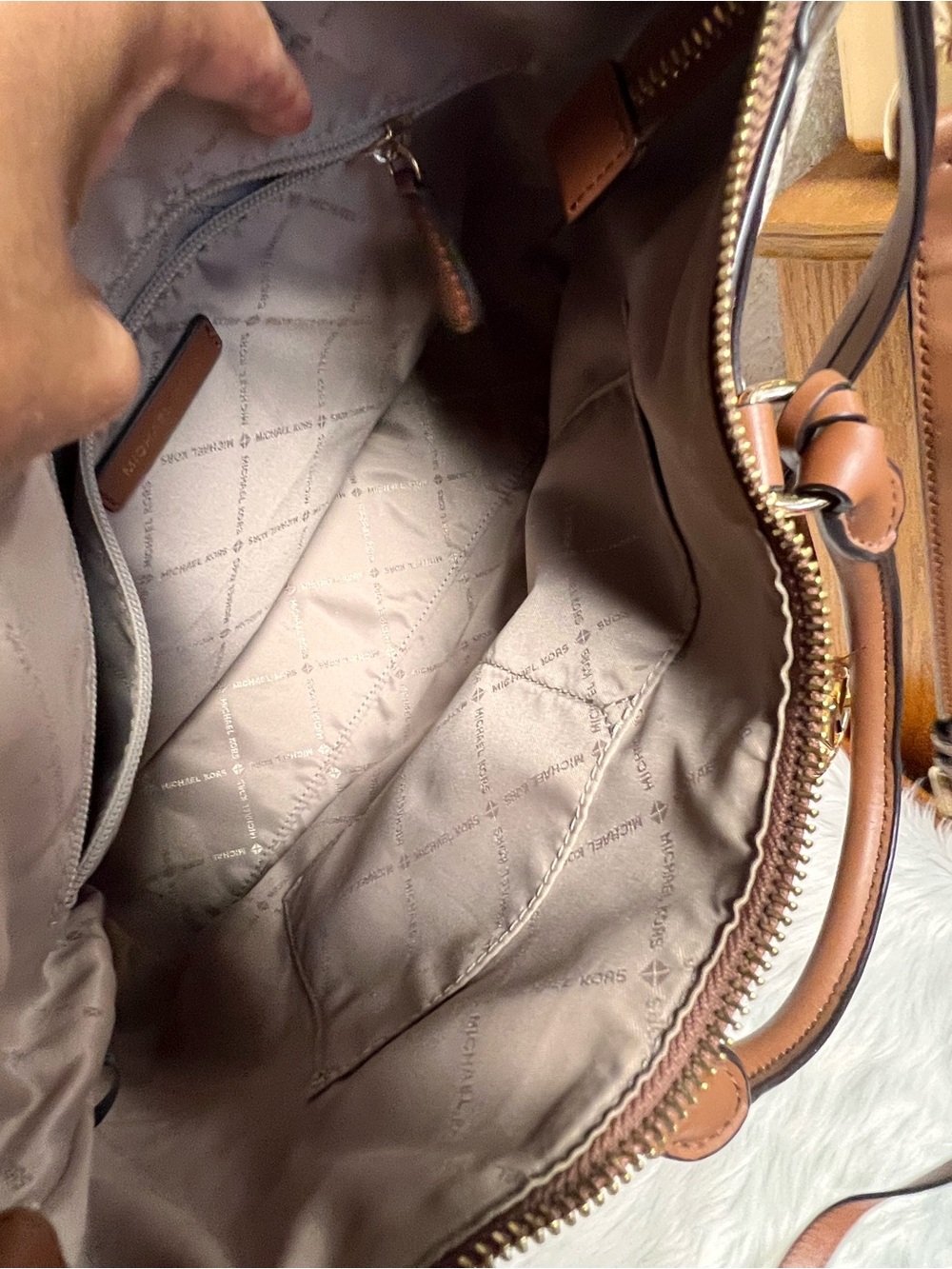 Michael Kors Cream and Brown Signature Satchel with Shoulder Strap - Picture 6 of 9
